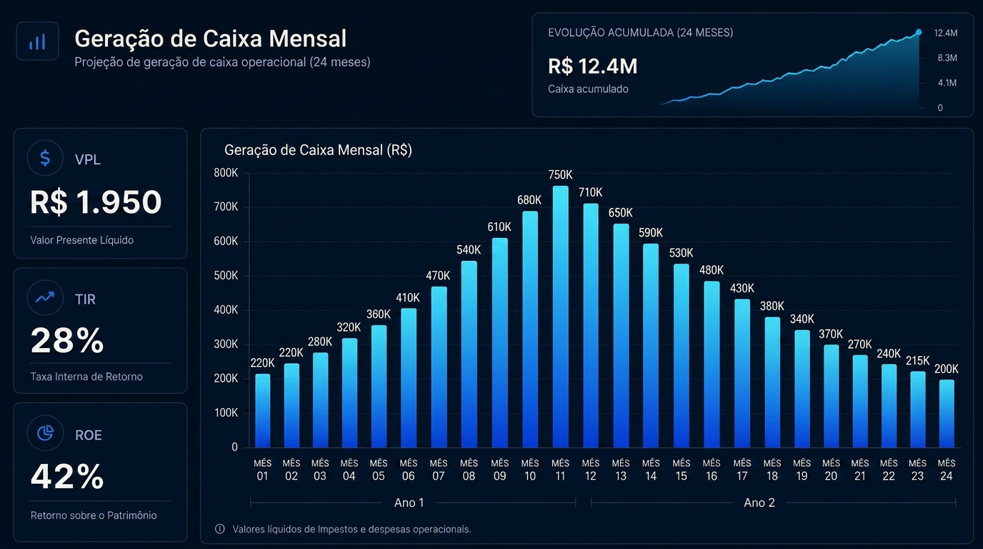 Dashboard SIG Target mostrando gráfico de Geração de Caixa Mensal e KPIs de VPL, TIR e ROE